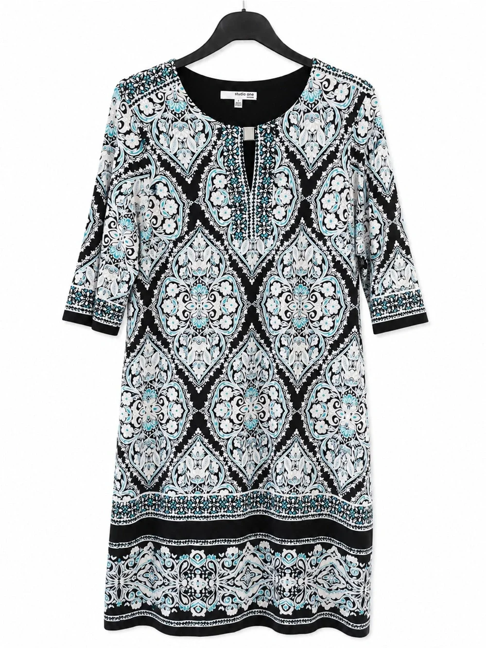 Studio One Black White and Aqua Medallion Tunic Dress